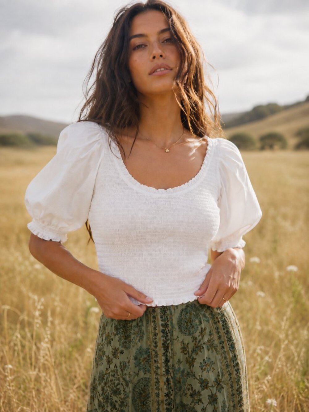Hill House White Puff-Sleeve Smocked Top